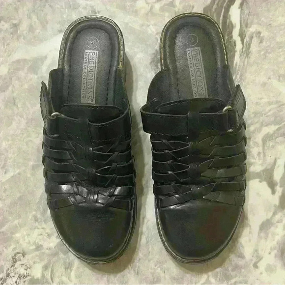 VTG PREDICTIONS Y2K LEATHER WOMENS MULES SHOES Sz 9 BLACK WEAVE CHUNKY EXCELLENT - Picture 2 of 10